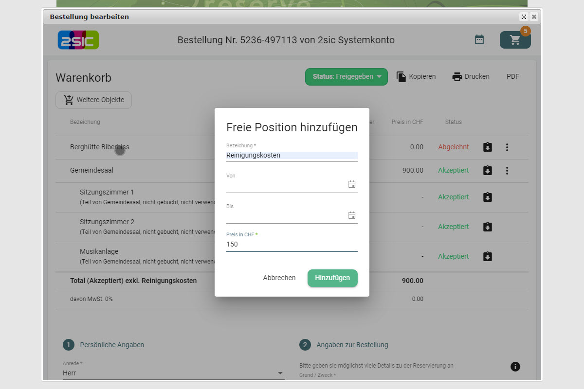 Manuelle Ergänzung in der Rechnung